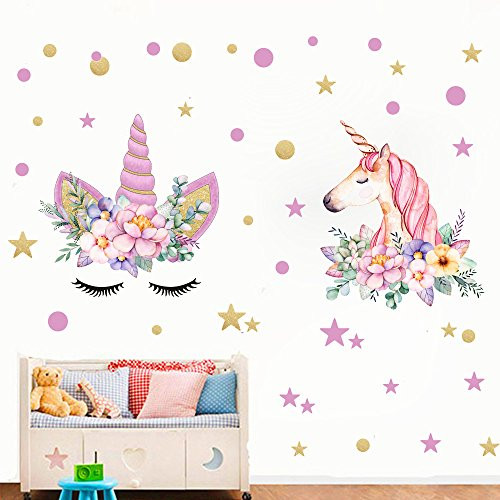 Angel Unicorn Decal, Horse Head Unicorn Wall Stickers, Unicorn Floral Decal Fairytale Wall Decals Girls Bedroom Home Decor 2pcs With Polka Dots and Stars 