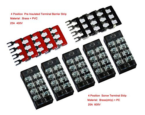 5 Pcs Dual Row 4 Position Screw Terminal Strip 600V 25A   400V 25A 4 Postions Pre Insulated Terminal Barrier Strip Red Black 10 Pcs