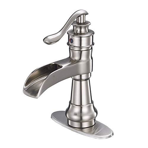 Bathfinesse Waterfall Brushed Nickel Bathroom Faucet Single Handle One Hole Lavatory Deck Mount Commercial Bathroom Sink Faucet