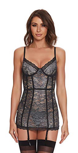 Dreamgirl Women s 2 Piece Stretch Lace Print Garter Slip and G String Metallic Black Small