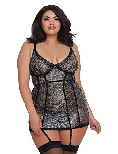 Dreamgirl Women s Plus Size 2 Piece Stretch Lace Print Garter Slip Metallic Black 2X