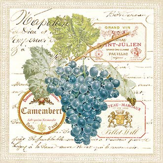 Merlot Wine Grapes with French Vintage Wine Labels Paper Cocktail Napkins 40pcs Dark Purple Grapes Grapevines Winery Decoupage Decorative