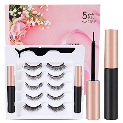 Updated 3 D Magnetic Eyelashes And Eyeliner Set  2 Tubes of Magnetic Eyeliner   5 Pairs Magnetic Eyelashes Kit With Natural Look   Reusable False lashes  No Glue Need