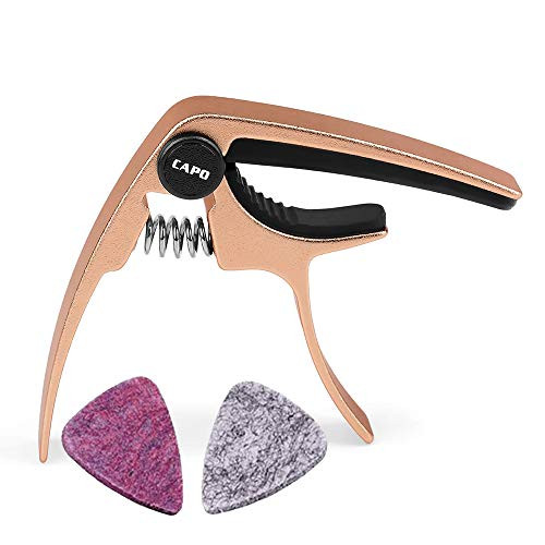 Ukulele Capo with 2 Felt Picks  Professional and Lightweight Zinc Alloy Uke Capo for 4 String Soprano and Concert Ukulele  Gold