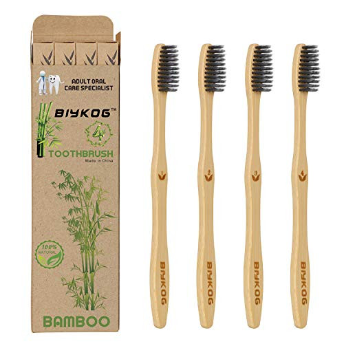 Biykog Natural Bamboo Toothbrushes 4PCS Eco Friendly Toothbrushes with 100  Biodegradable Charcoal Infused Bristles BPA Free Medium Soft Toothbrush for Adults Zero Waste Dental Care Product