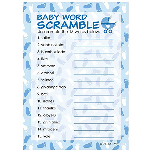 DISTINCTIVS Blue Boy Baby Shower Word Scramble Game   20 Cards
