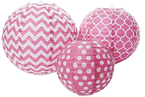 Amscan Party Decorations, Round Printed Paper Lanterns, Party Supplies, Bright Pink, Assorted Size, 3ct