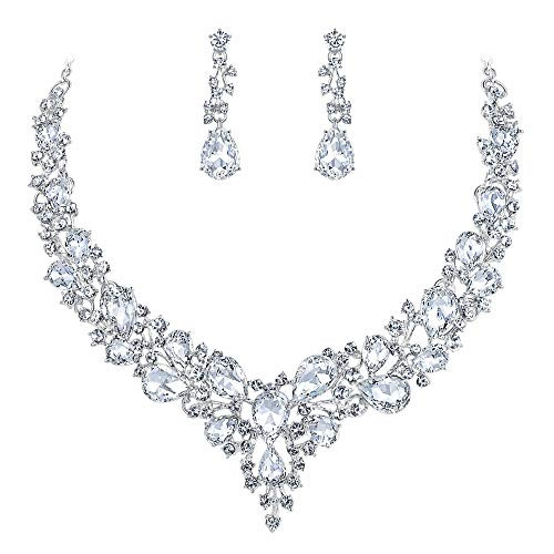 BriLove Wedding Bridal Necklace Earrings Jewelry Set for Women Austrian Crystal Teardrop Cluster Statement Necklace Dangle Earrings Set Clear Silver Tone BriLove Wedding Bridal Necklace Earrings Jewelry Set for Women Austrian Crystal Teardrop Cluster Statement Necklace Dangle Earrings Set Clear Silver Tone