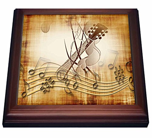 3dRose Brown Grunge Music Note Background with Electric Guitar Art Trivet with Ceramic Tile 8  by 8  Brown