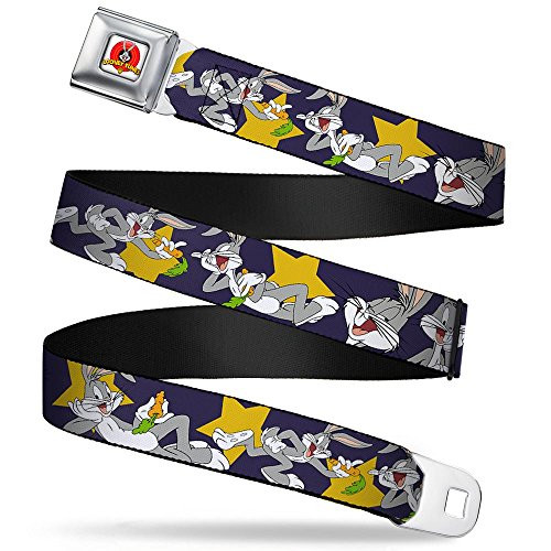 Buckle Down Men s Seatbelt Belt Bugs Bunny Kids Poses Stars Navy 10  Wide 20 36 Inches