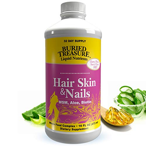 Buried Treasure Hair Skin and Nails with MSM Biotin Aloe Vera Plus Vitamins and Minerals in a High Potency Liquid Whole Food Complex for Fuller Hair Stronger Nails and Clearer Skin 16 oz
