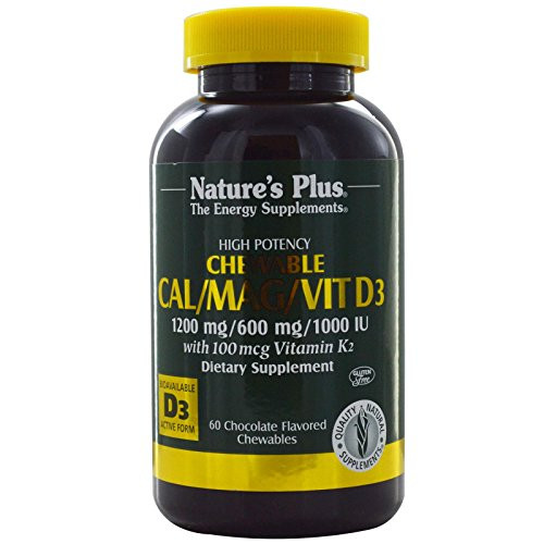 NaturesPlus Cal Mag VIT D3 with Vitamin K2 60 Chewable Tablets   Chocolate Flavor   Calcium Magnesium Vitamin D3   K2 Bone Health Support Supplement   30 Servings