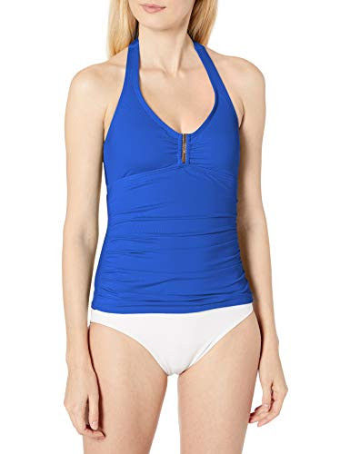 Calvin Klein Women s Solid Bar Halter Swimsuit Tankini Top with Removable Soft Cups Celestial X Small
