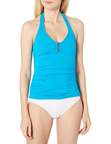 Calvin Klein Women s Solid Bar Halter Swimsuit Tankini Top with Removable Soft Cups Cyan X Large