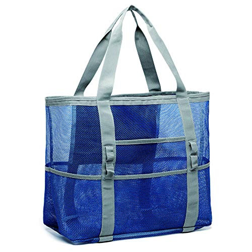 Mesh Beach Bag Cambond Oversized Beach Tote Bag 9 Pockets Beach Toy Bag Large  Blue