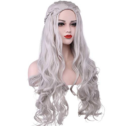 Daenerys Targaryen Costume Wigs for Game of Thrones Khaleesi Halloween Cosplay Hair Wig Wavy Curly  Silver Grey