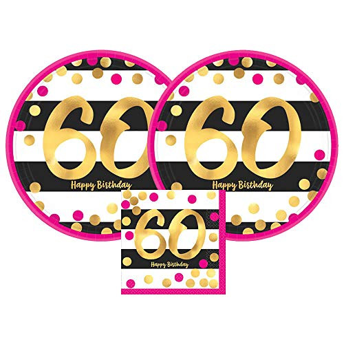 Amscan Pink   Gold 60th Birthday Party Paper Plates and Paper Napkins 16 Servings Bundle  3 Items