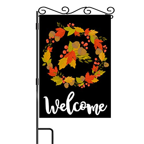 Welcome Fall Autumn Maple Leaves Wreath Garden Flag Small Vertical Burlap Yard Flags Double Sided Garden Flag Decorative Flags for Outdoor Farmhouse Indoor House 125 x 18 Inch