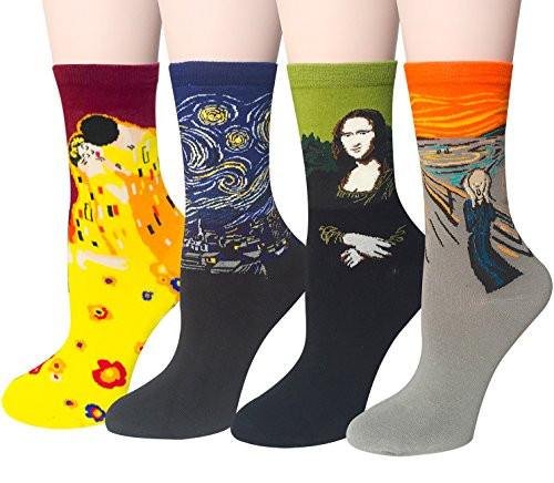 Chalier 4 Pairs Womens Famous Painting Art Printed Funny Casual Cotton Crew SocksFree size Chalier 4 Pairs Womens Famous Painting Art Printed Funny Casual Cotton Crew SocksFree size