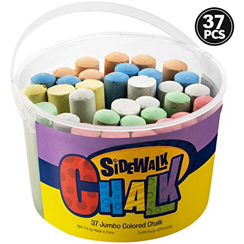 Sidewalk Chalk for Kids   37 Piece Outside Jumbo Sidewalk Chalk in Assorted Colors Dust Free Non Toxic Washable Toddler Chalk Set for Playground Driveway or Pavement with Portable Storage Bucket