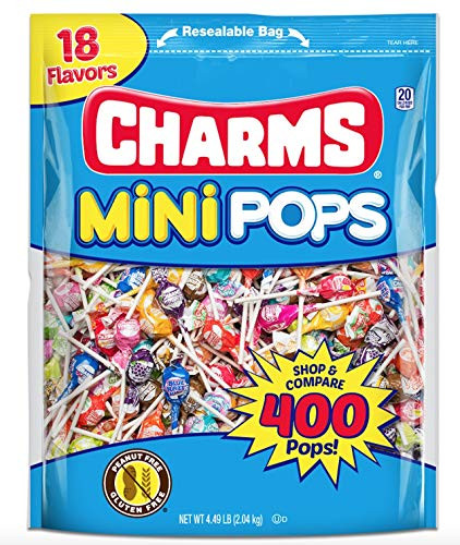 Tootsie Roll Charms Mini Pops 18 Assorted Lollipop Flavors with Resealable Bag  400 Count  Peanut Free Gluten Free