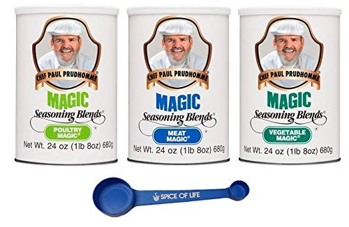 Chef Paul Magic Seasoning Variety Poultry Meat and Vegetable 24 ounces 1 of Each with Spice of Life 4 in 1 Measuring Spoon