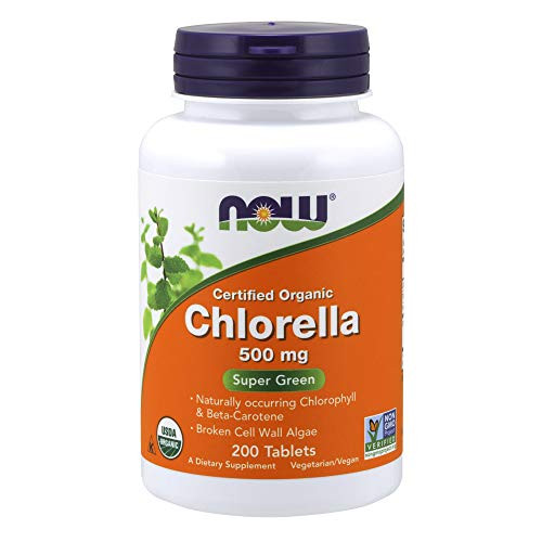NOW Supplements Organic Chlorella 500 mg with naturally occurring Chlorophyll Beta Carotene mixed Carotenoids Vitamin C Iron and Protein 200 Tablets