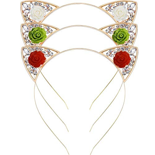 3 Pack Cat Ears Headband Crystal Rhinestone Cute Cat Headband Cat Ears Hair Hoop Hairbands Cosplay Costume Party for Women Girls