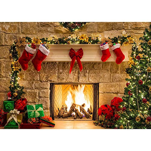 Christmas Photo Backdrop Fireplace Xmas Decoration Background Photoshoot Winter Backdrop Decorations for Family Kids Portrait Photo Studio Photo Booth 7x5ft 036