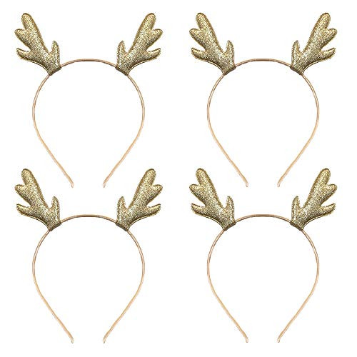 Christmas Reindeer Headband Glitter Reindeer Antlers Headbands Xmas Hair Band Headpiece Women Deer Hairband Hair Hoop Holiday Party Decoration Cosplay Costume Cute Hair Accessories 4 Pack Golden