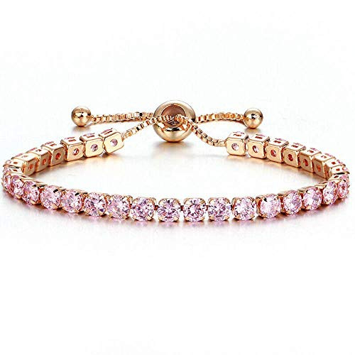 CiNily Adjustable Chain Bracelets for Women Girls Pink Cubic Zirconia 14K Rose Gold Plated Tennis Bracelets Ladies Bolo Bracelet Luxury Shining Jewelry Gift