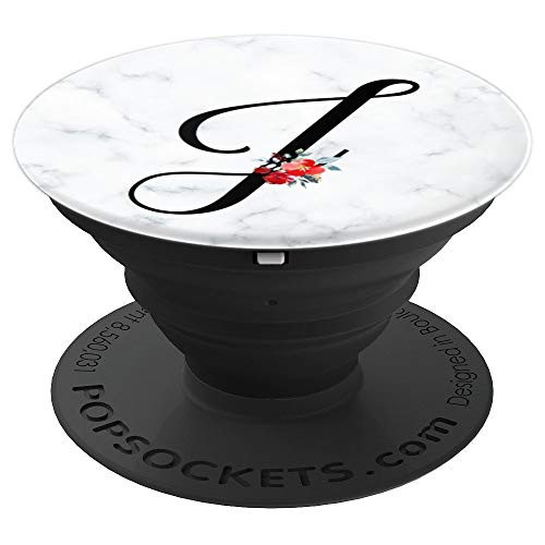 Monogram Initial Letter J Marble Background Red Flowers PopSockets Grip and Stand for Phones and Tablets