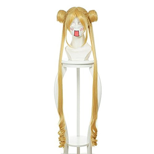 Aicos Blonde Gold Long Wavy Cosplay Wigs with Buns Ponytails for Sailor Moon Tsukino Usagi Cap