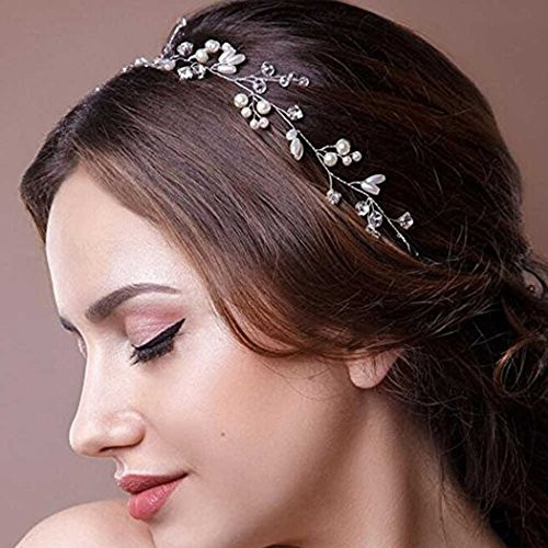 Jovono Bride Wedding Silver Headband Hair Vine Bridal Pearl Hair Accessory Beaded Rhinestone Headpiece for Women and Girls Jovono Bride Wedding Silver Headband Hair Vine Bridal Pearl Hair Accessory Beaded Rhinestone Headpiece for Women and Girls