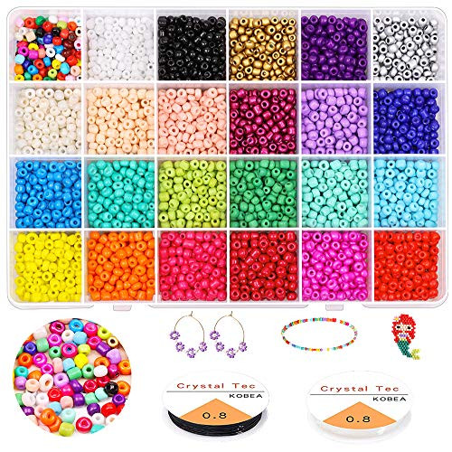 6000PCS 4MM Pony Glass Seed Beads Gacuyi 24Colors Small Rainbow Glass Beads Bulk with Elastic String Organizer Box for Adult DIY Jewelry Making Bracelets Necklaces