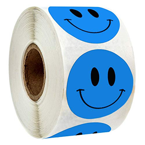 love printing Smiley Face Stickers Blue 1  Circle Removable Blue Happy Face Stickers Perfect Teachers Stickers for Class Party Reward 500 pcs Roll