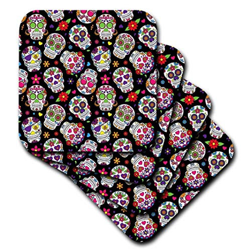 3dRose Colorful Scattered Sugar Skulls On A Black Background Pattern Soft Coasters Set of 8  CST 222323 2  Multicolor