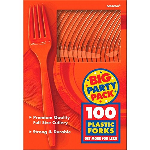 Amscan Big Party Pack 100 Count Mid Weight Plastic Forks, Orange