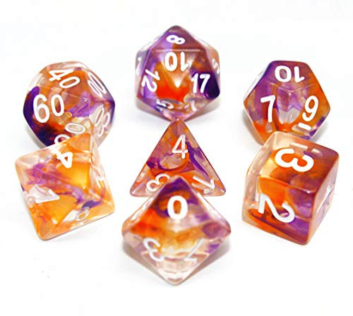 HD Polyhedral Dice DND Game Dice Set for Dungeons and Dragons(D&D) Pathfinder Roleplaying Game RPG MTG Table Game Purple & Orange Transparent Dice Set with Dice Pouch