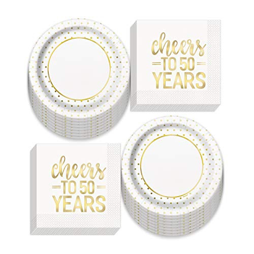 Fancy Gold Metallic Dots Paper Dinner Plates and Luncheon Napkins Cheers to 50 Years Birthdays and Anniversaries  Serves 16