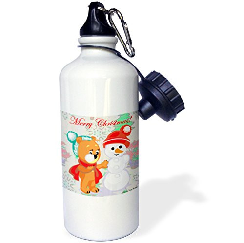 3dRose  Cute Bear and Snowman With Christmas Background and Text  Sports Water Bottle 21 oz White