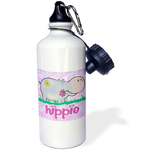3dRose  Cute Hippie Hippo Hippopotamus With Hippie Flowers Background Cartoon Animal  Sports Water Bottle 21 oz White