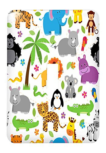 3dRose lsp 222361 1 Cute Jungle Animals Scattered On A White Background Single Toggle Switch Multicolor