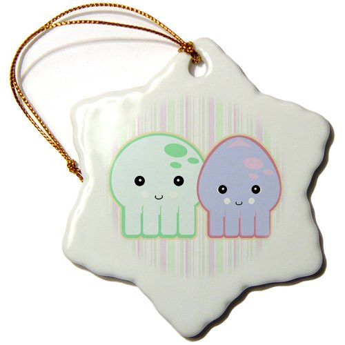 3dRose orn 102745 1 Cute Kawaii Octopus and Squid Pals on Striped Background Snowflake Ornament 3 Inch Porcelain