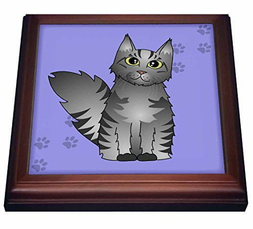 3dRose Cute Maine Coon Cartoon Cat Silver Tabby Purple with Pawprint Trivet with Ceramic Tile 8 by 8  Brown