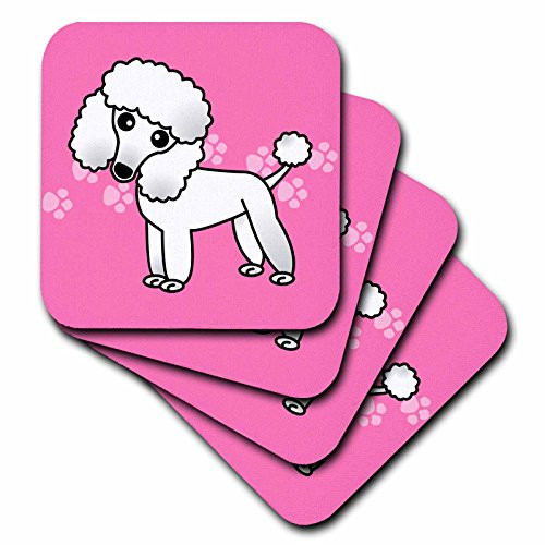 3dRose CST 13767 1 Cute White Poodle Pink Paw Print Background Soft Coasters Set of 4