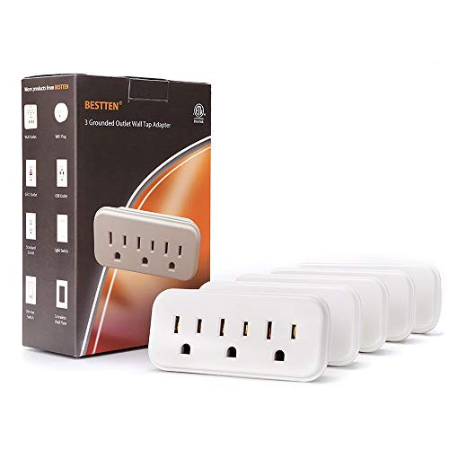 [5 Pack] BESTTEN 3 Outlet Wall Tap Adapter, AC Socket Extender, Mini Grounded Plug Splitter, ETL Certified, White