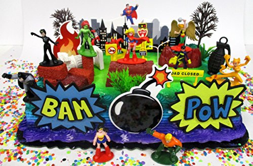 Cake Toppers DC Comics Super Hero Girls Birthday Set Featuring Figures and Decorative Themed Accessories
