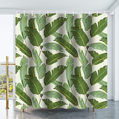 FINLI Green Leaves Shower Curtain Banana Leaves Mint Green Background Waterproof Polyester Fabric Bathroom Bath Curtain Set with Hooks 72x72 inch