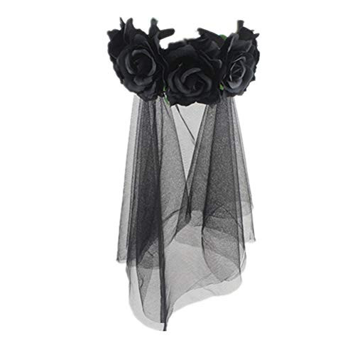Lurrose Rose Floral Crown Veil Halloween Costume Mexican Headband Day of the Dead Headpiece for Festival Carnival Party  Black Pattern